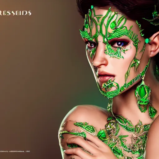 Image similar to wonderful princess with smooth fair skin, alluring eyes, green jewelry, breathtaking, elegant, intricate, hyper detailed, accent lighting, 4 k glamour photography, octane render