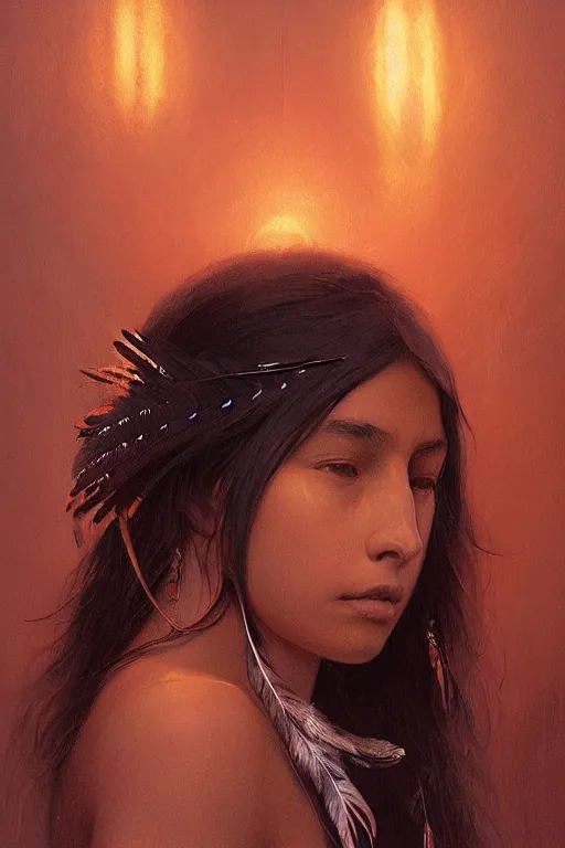 Prompt: portrait of native american girl with feathers in the background, staring directly into camera, intricate, elegant, glowing lights, highly detailed, digital painting, artstation, sharp focus, illustration, art by wlop, mars ravelo and greg rutkowski