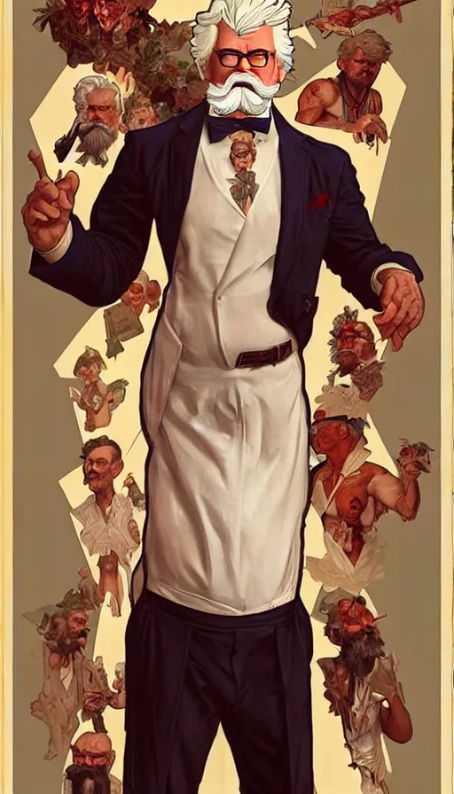 Prompt: a full body portrait of colonel sanders the greek god!! surrounded by evil starving hillbillies!!! extremely beautiful, anatomically accurate, by artgerm and by greg rutkowski and by alphonse mucha and by simon bisley, radiant light, detailed and intricate environment,
