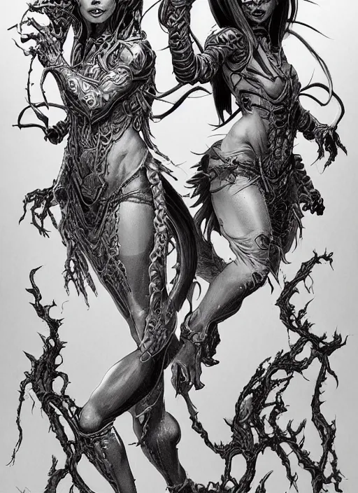 Image similar to two female demons dancing, queen of blades, diablo 4 lilith, line art, by artgerm, by yusuke murata, by hiroya oku, by dorian cleavenger, by zdzisław beksinski, trending on artstation
