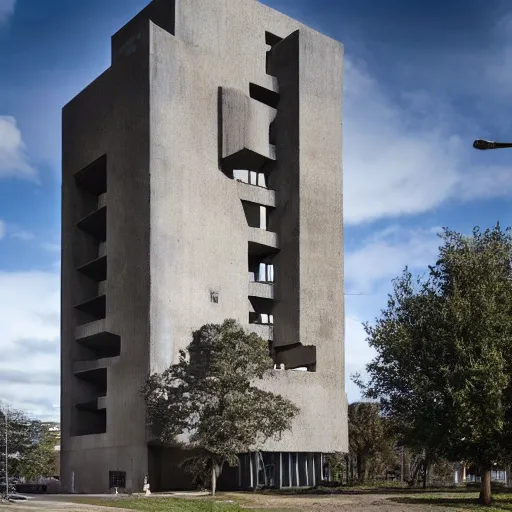 Image similar to a giant brutalist wizard tower built in brutalist architecture, diverse unique building geometry full of shapes and corners, with a narrower base than the top of the tower