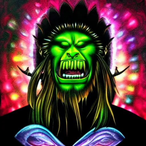 Image similar to psychedelic backlit airbrush artwork of a stylized orc biker