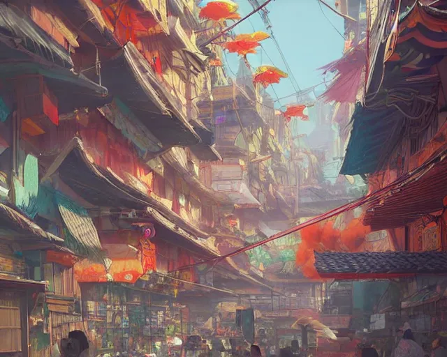 Prompt: colorful marketplace in a great, brutalist kitsune city, bamboo, anime, a fantasy digital painting by greg rutkowski and james gurney, trending on artstation, highly detailed