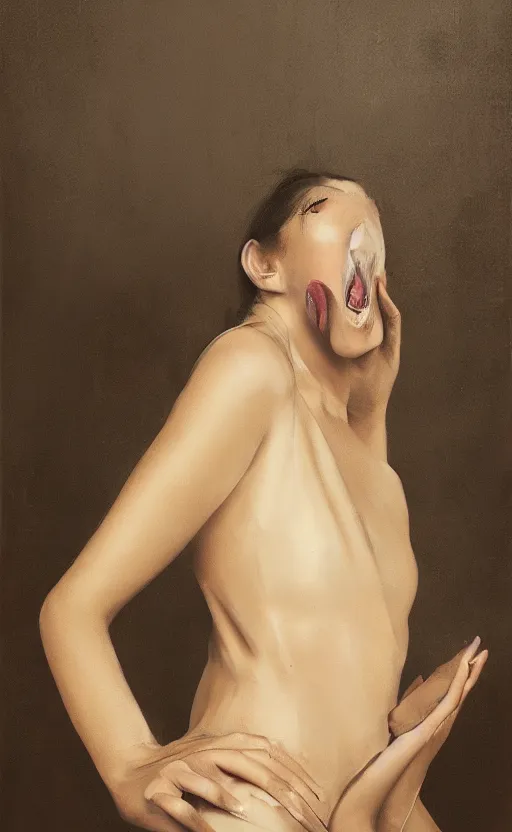 Image similar to portrait of a girl, in a silk robe, honey dripping down her top to bottom, petrolium coming out of her mouth, hyperrealistic, hightech