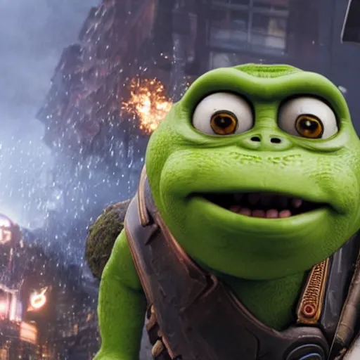 Image similar to mr. bean godzilla yoda donkey kong pikachu yeti shrek spongebob homer groot in gears of war, splash art, movie still, detailed face, photorealistic facial features, cinematic lighting, dramatic, octane render, long lens, shallow depth of field, bokeh, anamorphic lens flare, 8 k, hyper detailed, 3 5 mm film grain