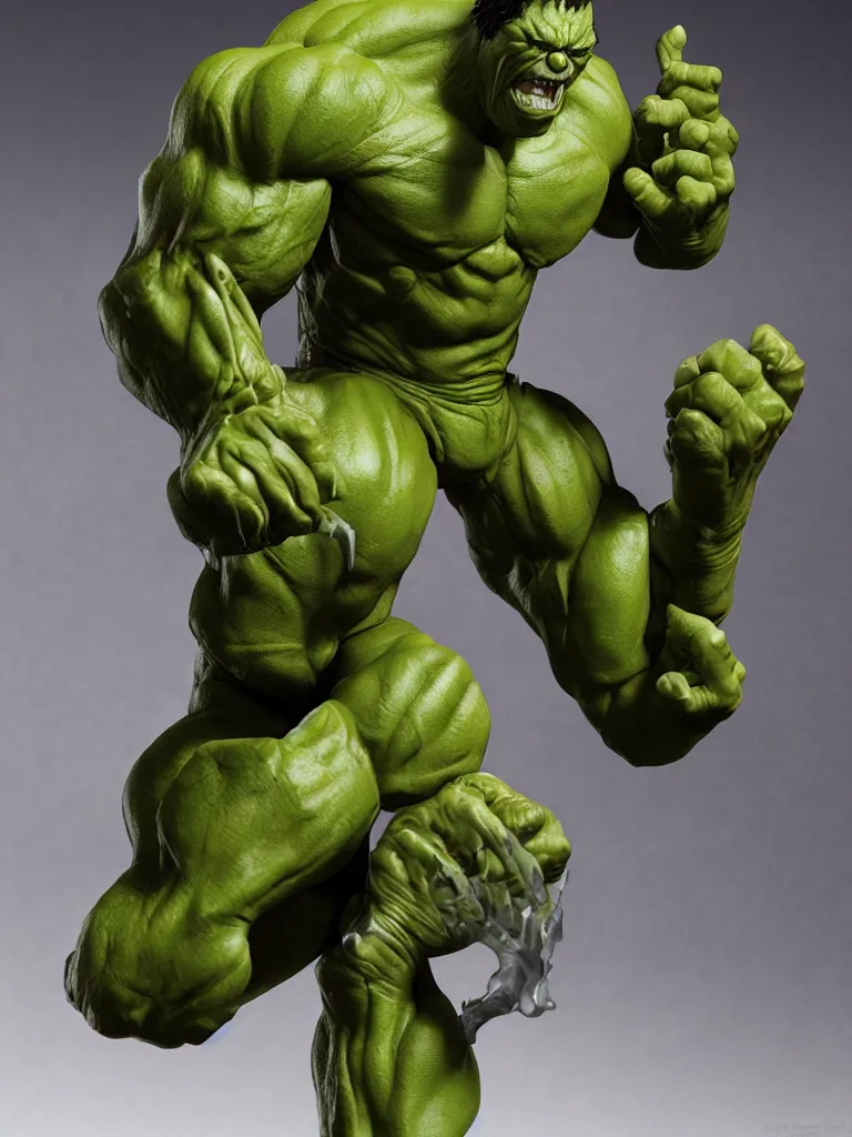 Image similar to hyperrealistic rendering, hulk by bernie wrightson and killian eng and joe fenton, product photography, action figure, sofubi, studio lighting, colored gels, colored background