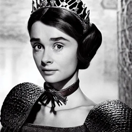 Prompt: head and shoulders portrait of a female knight, game of thrones, young audrey hepburn, by stanley kubrick, vogue fashion photo