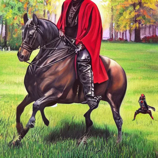 Prompt: darth maul riding his horse in his big iowa property, realistic painting