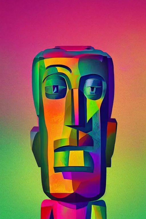 Image similar to cubist moai statue cutout digital illustration cartoon colorful beeple