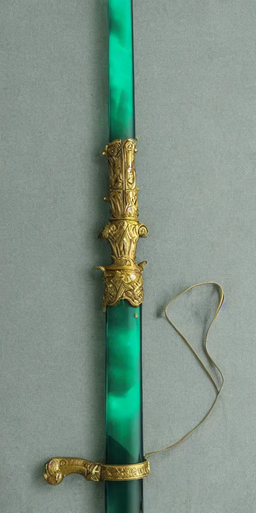 Image similar to photograph of a wide green and teal crystal sword with a big gold sword hilt