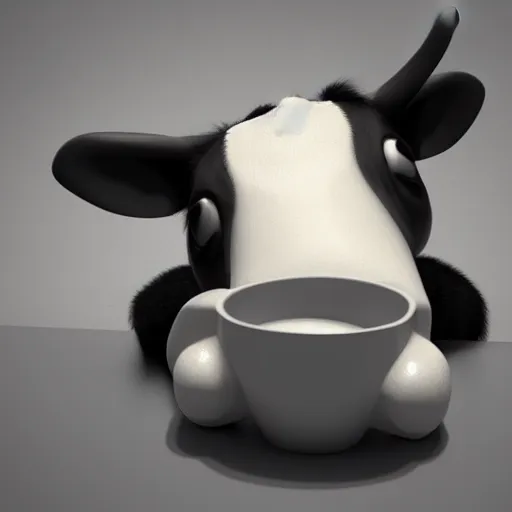 Prompt: cute cow drinking a cup of coffee, 3d render by Pixar