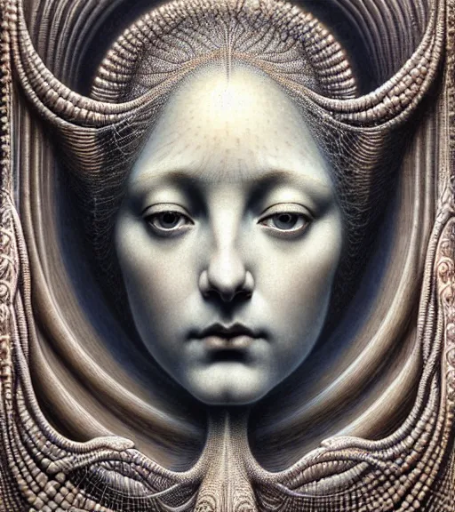 Prompt: detailed realistic beautiful pearl goddess face portrait by jean delville, gustave dore, iris van herpen and marco mazzoni, art forms of nature by ernst haeckel, art nouveau, symbolist, visionary, gothic, neo - gothic, pre - raphaelite, fractal lace, intricate alien botanicals, ai biodiversity, surreality, hyperdetailed ultrasharp octane render