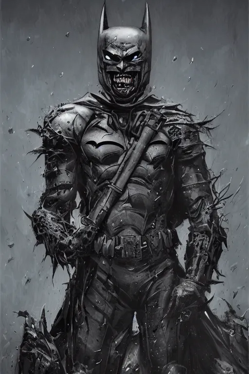 Prompt: art of the Batman Who Laughs standing in the barren wasteland of dead superheroes, gothic armor suit, evil mastermind, fantasy horror, supervillain, intricate, realistic, cinematic lighting, highly detailed, digital painting, Artstation, concept art, smooth, sharp focus, illustration, art by Artgerm and Greg Rutkowski and Zdzisław Beksiński