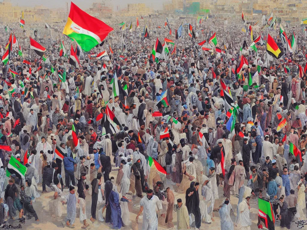 Prompt: very very very beautiful painting of protesters in Baghdad, 4k detailed