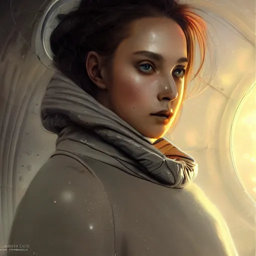 Image similar to A close up futuristic portrait on the street of Russian sleeping quarters on the moon, Norilsk, sci-fi, fantasy, intricate, very very beautiful, elegant, highly detailed, digital painting, artstation, concept art, smooth, sharp focus, illustration, art by artgerm and greg rutkowski and alphonse mucha