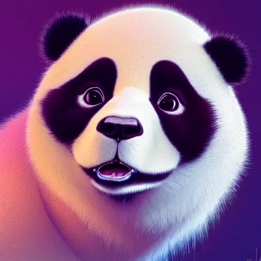 Image similar to looks like a panda. It has glowing fur, a glossy snout and puffy ears:: by beeple and James Gilleard and Justin Gerard :: ornate, dynamic, particulate, intricate, elegant, highly detailed, centered, artstation, smooth, sharp focus, octane render, 3d