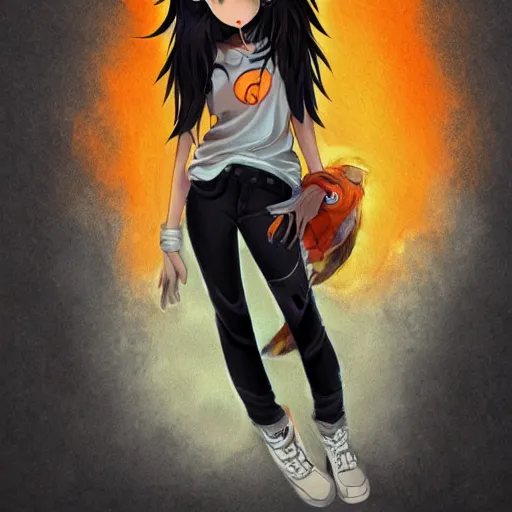 Image similar to anime wolf girl with wild black hair, glowing orange eyes and charcoal skin wearing a t-shirt and jeans, digital art, art station, illustration, highly detailed, artwork