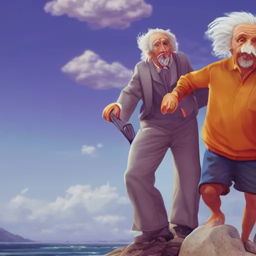 Prompt: Albert Einstein piggybacking on Leonhard Euler, sunny tropical beach, digital art, trending on artstation, cgsociety, octane render, RPG portrait, dynamic lighting, fantasy art, hyperrealistic