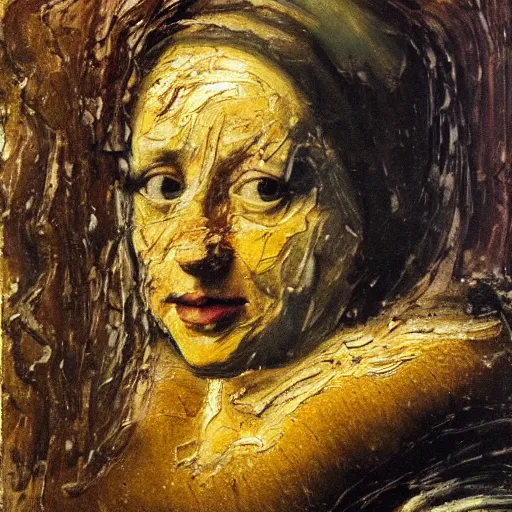 Image similar to oil paint impasto relief, portrait of woman's face, deep under water, looking up, air bubbles, multi layered thick brush marks, some splattered paint, in the style frank auerbach and leonardo da vinci and vermeer