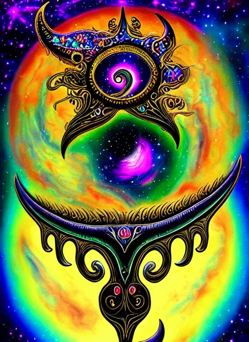 Prompt: ornate detailed, airbrushed crescent moon, psychedelic demon cosmic cosmos space clown