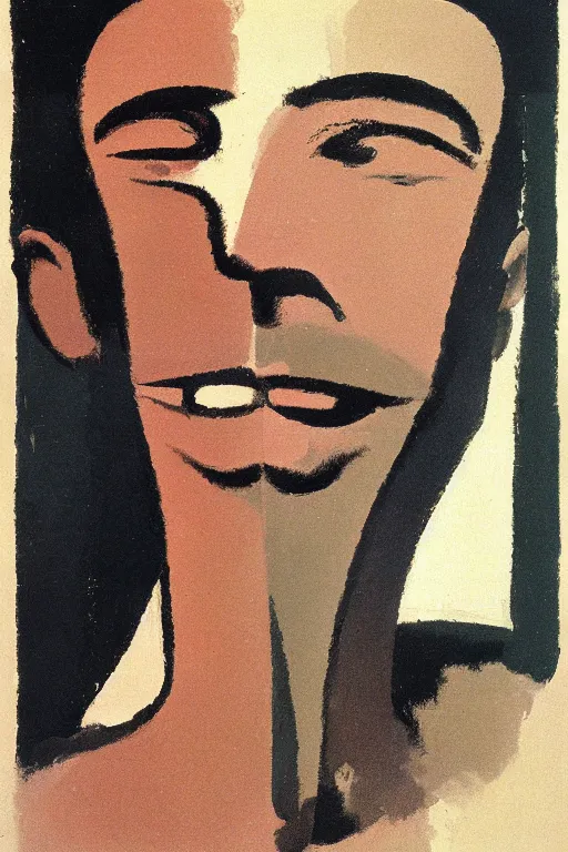 Image similar to man looking into a mirror, 1960’s minimalist advertising illustration, painterly, expressive brush strokes