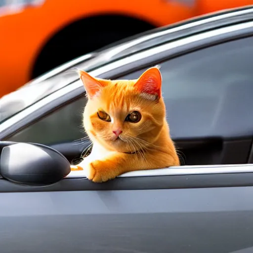 Image similar to an orange tabby cat driving a car