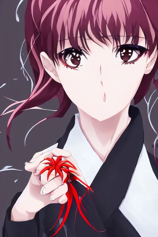 Image similar to Key anime visual of a beautiful girl with black hair and red eyes holding a spider lily; wearing white blouse with black tie; trending on Pixiv; digital art