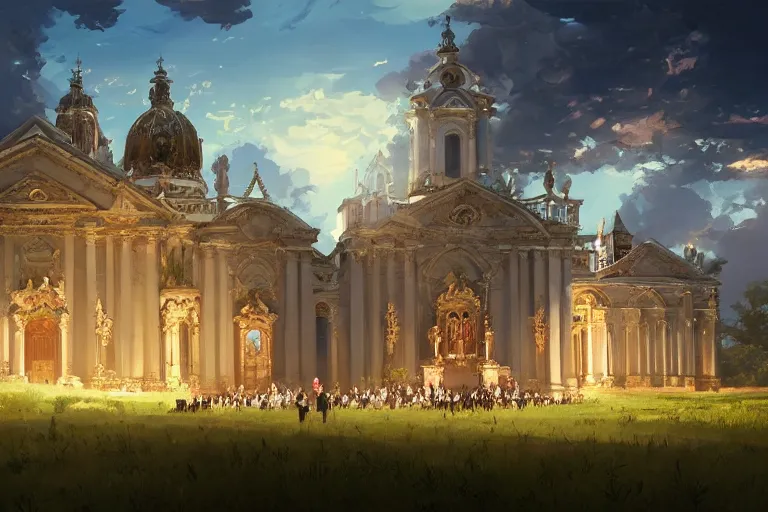 Image similar to an ornate baroque church, wedding party in front, scene in an open field. key visual, conceptart, ambient lighting, highly detailed, digital painting, artstation, concept art, sharp focus, by makoto shinkai and akihiko yoshida and greg manchess