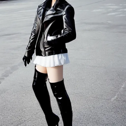 Image similar to a dynamic, epic cinematic 8K HD movie shot of a japanese young J-Pop idol girl wearing leather jacket, miniskirt, nylon tights and high heels boots. Motion, VFX, Inspirational arthouse