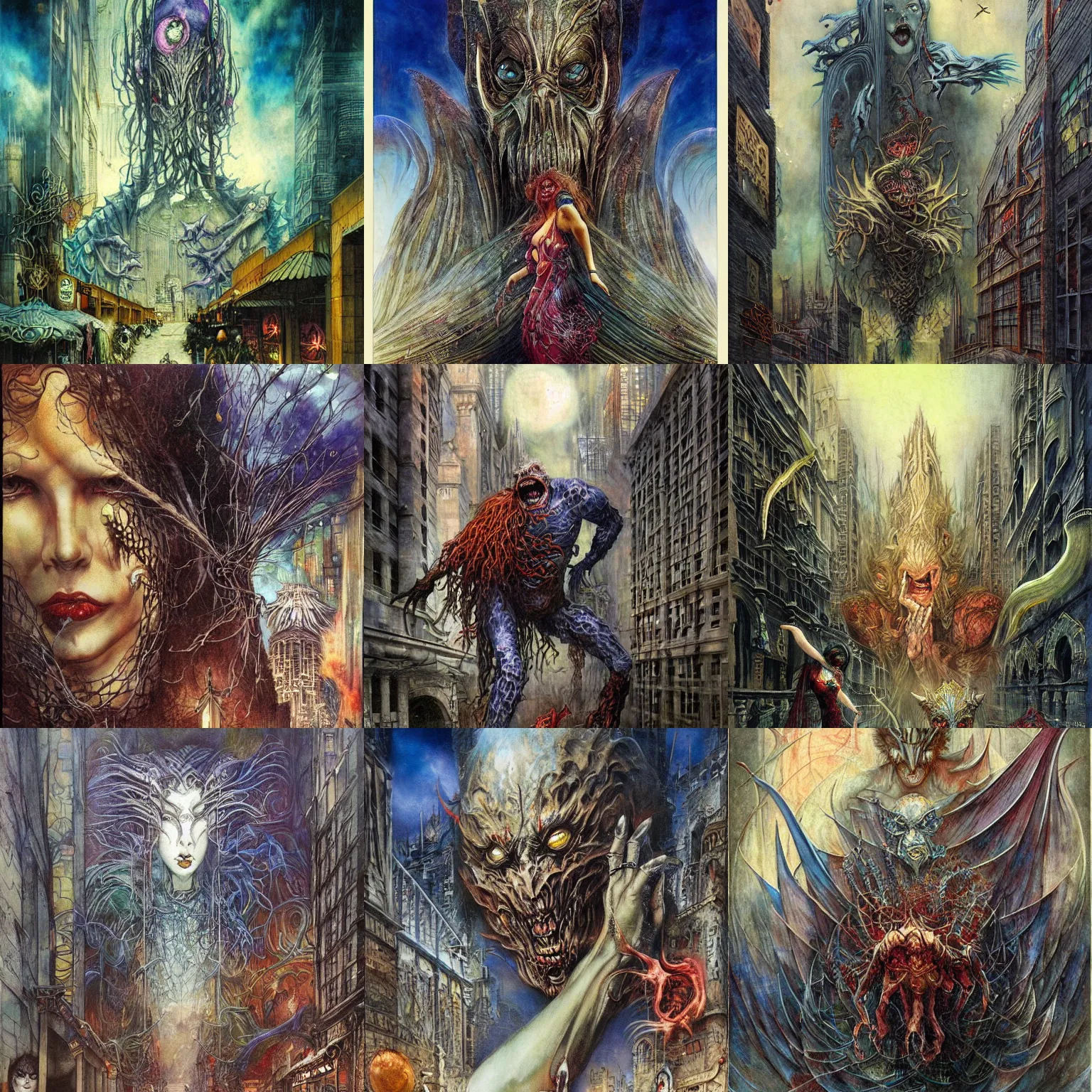 Prompt: artwork by Warwick Goble and Karol Bak showing a monster in the streets of Metropolis