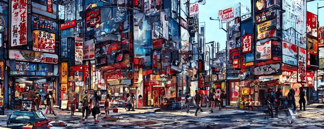 Prompt: Tokyo storefronts with no people graffiti treasure town comics illustration digital art painting artstation depth global illumination GI AAA SSS