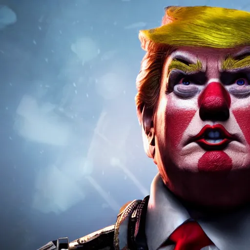 Prompt: donald trump as a clown! in gears of war, splash art, movie still, cinematic lighting, ray tracing, detailed clown face!, octane render, long lens, shallow depth of field, bokeh, anamorphic lens flare, 8 k, hyper detailed, 3 5 mm film grain