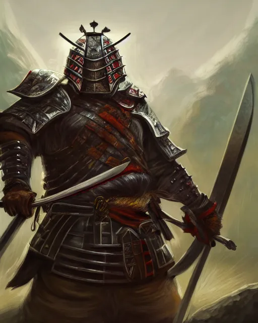 Image similar to Huge guinea pig samurai warrior in armor holding a two-handed battle axe, portrait, woodlands, magic the gathering artwork, D&D, fantasy, cinematic lighting, centered, symmetrical, highly detailed, digital painting, artstation, concept art, smooth, sharp focus, illustration, volumetric lighting, epic Composition, 8k, art by Akihiko Yoshida and Greg Rutkowski and Craig Mullins, oil painting, cgsociety