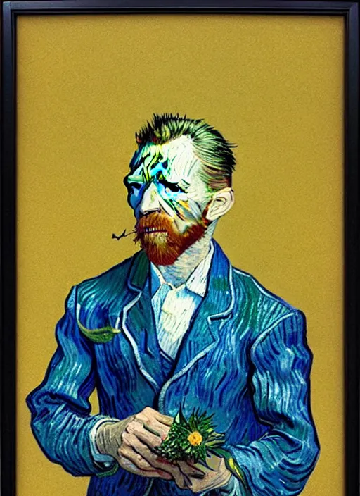 Image similar to hyper realistic vincent van gogh holding a flower drawn by chiara bautista and norman rockwell and greg rutkowski weta studio, and lucasfilm