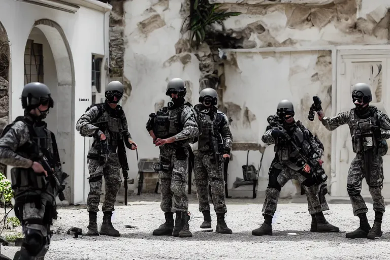 Image similar to Mercenary Special Forces soldiers in grey uniforms with black armored vest and black helmets fighting inside a mansion in 2022, Canon EOS R3, f/1.4, ISO 200, 1/160s, 8K, RAW, unedited, symmetrical balance, in-frame, combat photography