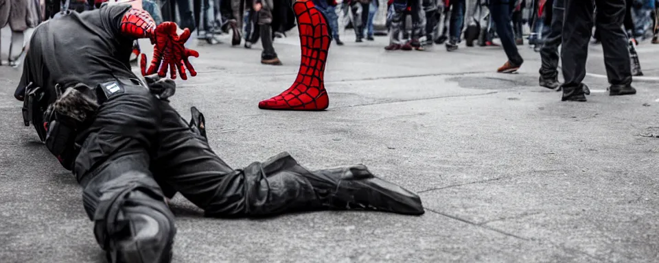 Image similar to soldier shoots spiderman, new york, shallow depth of field, photoreal, cinematic