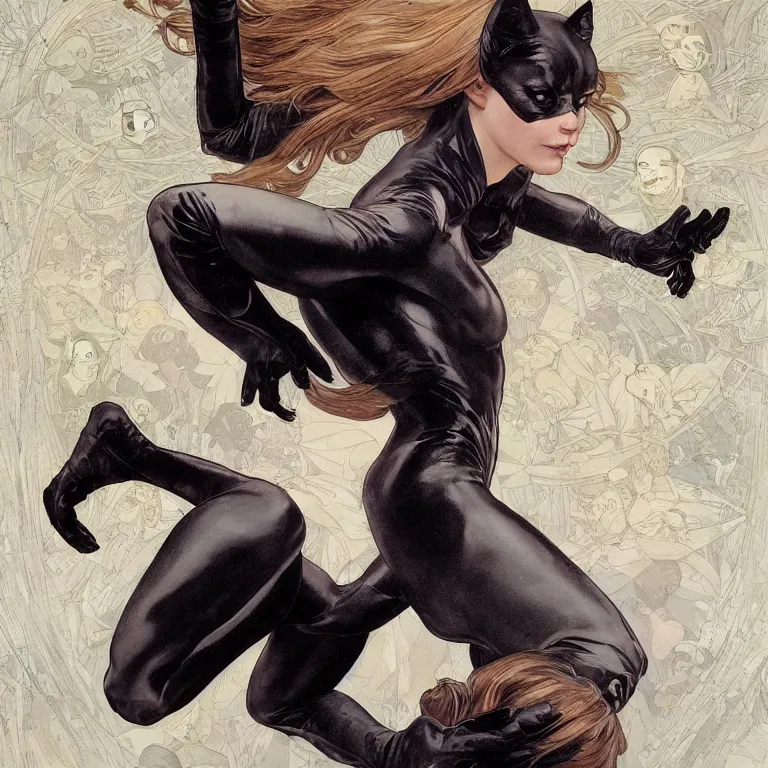 Image similar to Erin Moriarty as Cat Woman, highly detailed, digital painting, artstation, concept art, smooth, sharp focus, illustration, ArtStation, art by artgerm and greg rutkowski and alphonse mucha and J. C. Leyendecker and Edmund Blair Leighton and Katsuhiro Otomo and Geof Darrow and Phil hale and Ashley wood and Ilya repin and Charlie Bowater