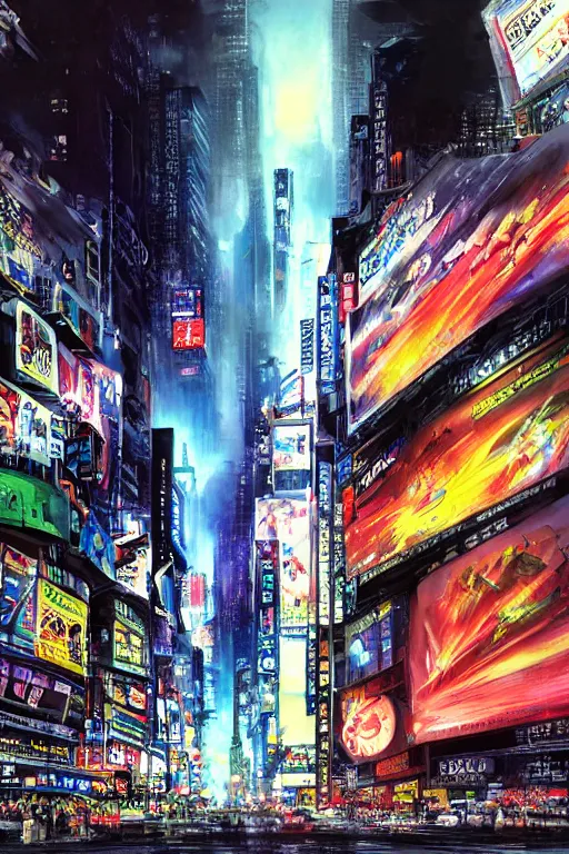 Image similar to neo tokyo time square in a rainy night, landscape, alex ross, neal Adams, david finch, concept art, matte painting, highly detailed, rule of thirds, dynamic lighting, cinematic, detailed, denoised, centerd