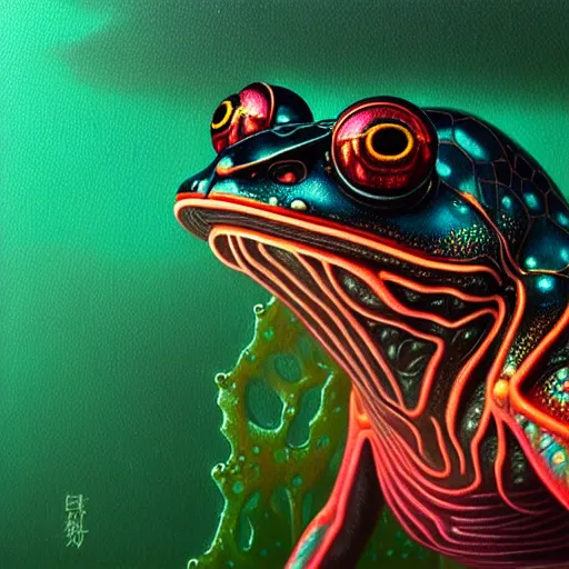 Prompt: low angle shot of a wet cyberpunk frog submerged in water and Casey Weldon and Chie Yoshii, dynamic particulate, rich colors, intricate, elegant, highly detailed, centered, digital painting, artstation, concept art, smooth, sharp focus, illustration, octane render