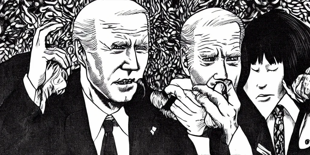 Prompt: Biden insatiable for sniffing hair, Junji Ito