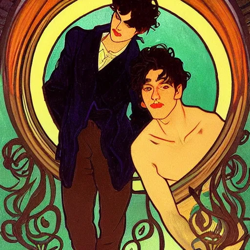 Image similar to painting of young cute handsome beautiful dark medium wavy hair man in his 2 0 s named shadow taehyung and cute handsome beautiful min - jun together at the halloween! party, bubbling cauldron!, candles!, smoke, autumn! colors, elegant, wearing suits!, delicate facial features, art by alphonse mucha, vincent van gogh, egon schiele