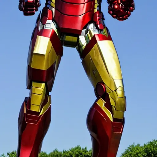 Prompt: a statue of Iron Man made from beer bottles