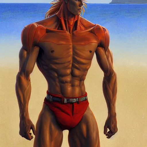 Image similar to a male horse humanoid standing on the beach,wearing red shorts,anthropomorphic,Character design by artgerm, and makoto shinkai, detailed, inked, western comic book art, 2021 award winning painting,digital art,ultra realistic,ultra detailed,art by greg rutkowski,muscular,detailed face,hyperdetailed,hyperrealistic,detailed face,photorealistic,realistic,4k,SFW