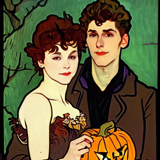 Prompt: painting of handsome young delicate beautiful jeffrey in his 2 0 s with brown hair and gorgeous rina together at the jack o'lantern halloween party holding pumpkins, elegant, clear, painting, stylized, art, art by alphonse mucha, vincent van gogh, egon schiele,