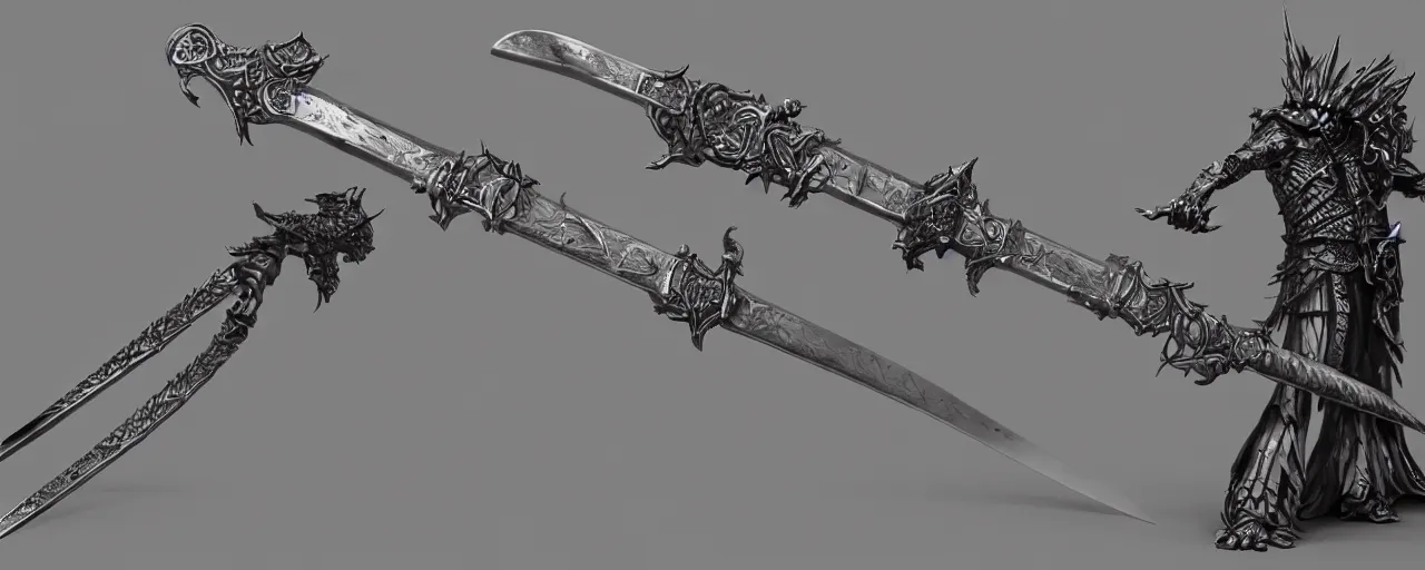 Prompt: long sword, black skeleton sword, steel, sword, crystals, engravings, forged, blacksmith product design, jewelry, art by gerald brom, greg rutkowski and artgerm and james jean and zdzisław beksinski, 8 k, unreal engine, c 4 d