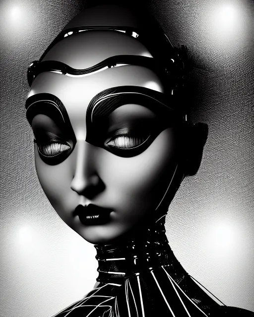 Prompt: surreal mythical dreamy dark artistic black and white fine art 3 / 4 fashion portrait photo of a young beautiful delicate female robot - owl with orchid - doll face, rim light, cinematic, studio dramatic light, poetic, masterpiece, octane render, 8 k, photo - realistic by gustave dore hg giger and man ray