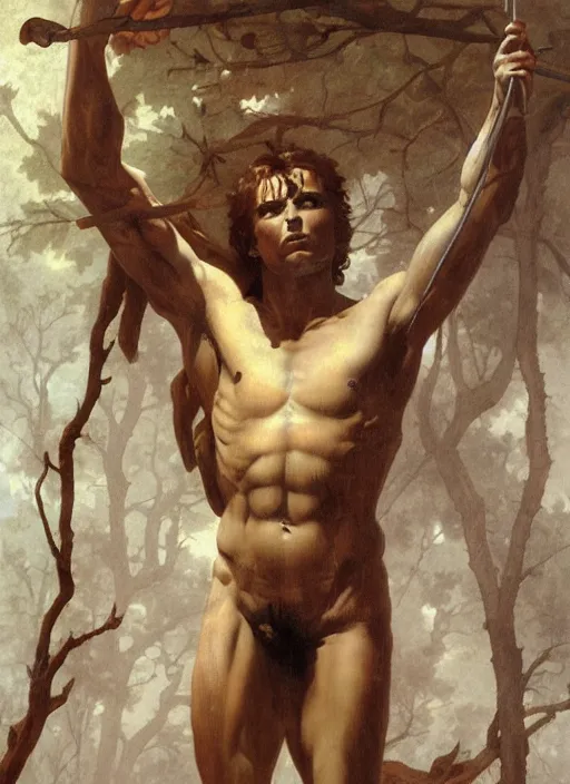 Image similar to Saint Sebastian tied to a tree in the forest, intricate, elegant, highly detailed, digital painting, artstation, concept art, smooth, sharp focus, illustration, art by frazetta and bouguereau and aleksi briclot