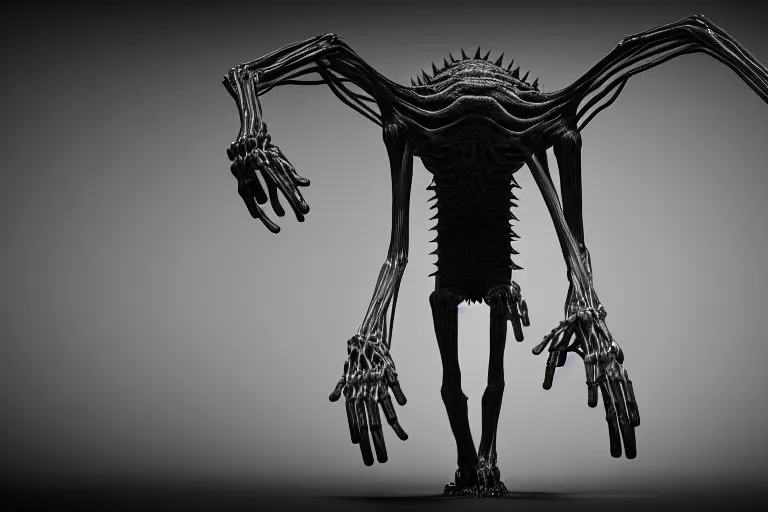 Image similar to lanky ink creature made out of a humanoid nervous system with large meaty spikes all over the body, cinematic, volumetric lighting, f 8 aperture, cinematic eastman 5 3 8 4 film, photorealistic