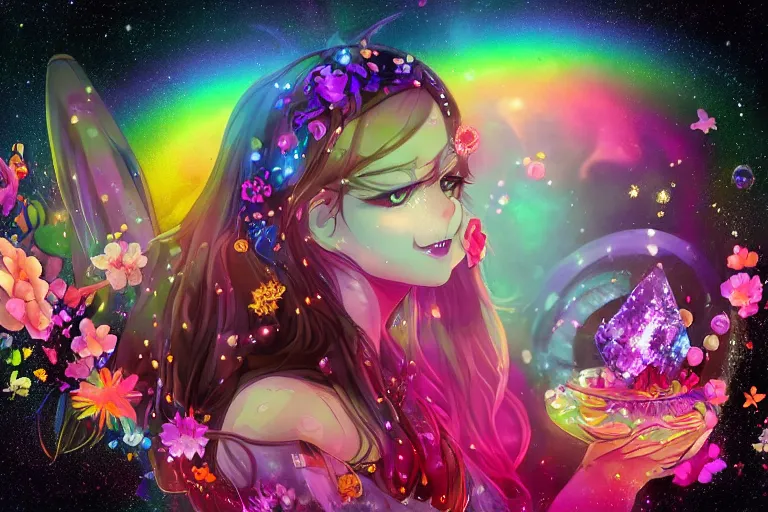Image similar to psychedelic, whimsical, anime, 4k, beautiful seductive woman with fox ears smoking weed, with professional makeup, long trippy hair, a crystal and flower dress, sitting on a reflective pool, surrounded by gems, underneath the stars, rainbow fireflies, trending on patreon, deviantart, twitter, artstation, volumetric lighting, heavy contrast, art style of Greg Rutkowski and viktoria gavrilenko and Ross Tran