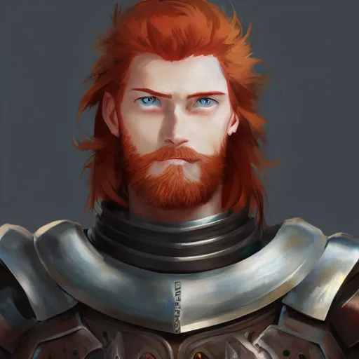 Prompt: portrait of a young redheaded man with blue eyes and wearing a armor, medieval background, highly detailed, digital painting, artstation, matte, by makoto shinkai, animation style, studio ghibli, anime key visual